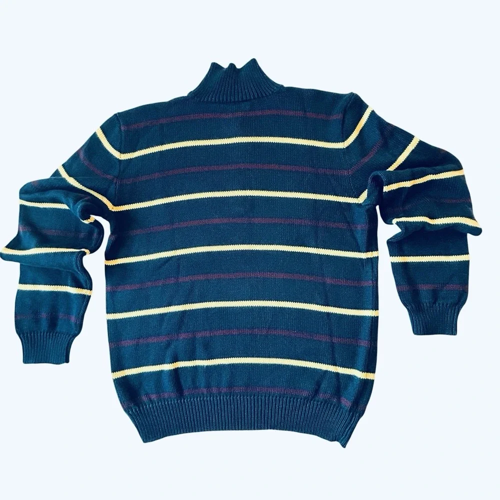 Polo Ralph Lauren Mens Medium Dark Teal Striped Mock Neck Cotton Sweater NWT